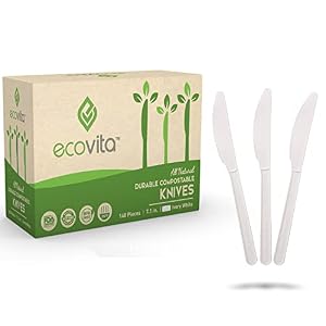 Ecovita 100% Compostable Knives – 140 Large Disposable Utensils (7 in.) Eco Friendly Durable and Heat Resistant Alternative to Plastic Knives with Convenient Tray