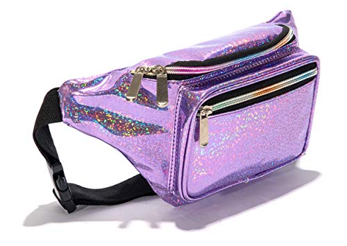 Festival Rave 80s Holographic Purple Glitter Fanny Pack Waist Belt Bag For Women Girls - Purple