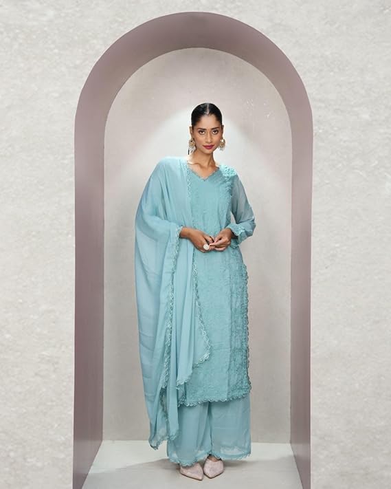 Image of Women's Chikankari Embroidered 3 Piece Suit Set in Faux Georgette - Long Gown Style Kurta with Lining with Dupatta