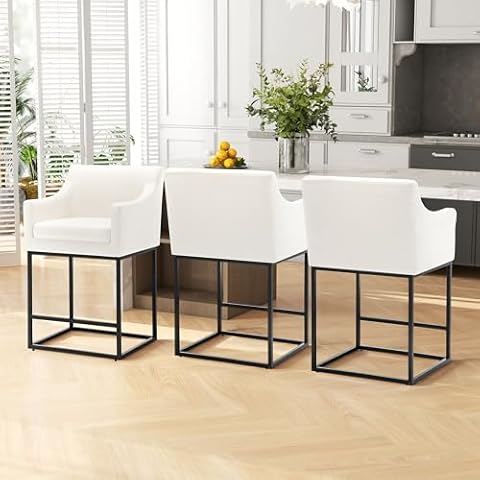 Hanherry Counter Height Bar Stools of 3, Linen 26" H Upholstered Counter Stools with Padded Back &Arm, Square Modern Island Chairs with Black Metal Frame for Kitchen Island,Dining Room Cover