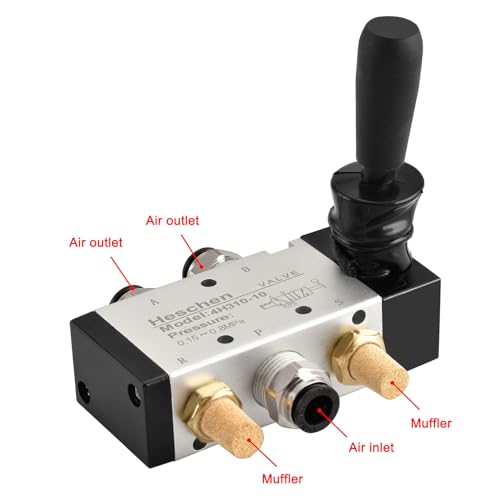 Heschen Pneumatisches Handzugventil 4H310-10, 5/2-Wege Handventil mit PT3/8\ Anschluss, Manueller Druck-Zug-Schalter inklusive PC8-03 Fittings und Schalldämpfer für Luftstromsteuerung