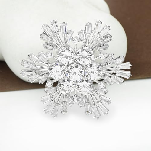 Image of Women's Cubic Zircon Snowflake Brooch Pins Elegant Clear Crystal Ice Flower Lapel Pin Breastpin