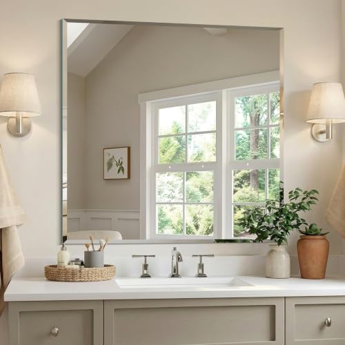 KOCUUY Beveled Mirror, 30x30 Inch Square Frameless Bathroom Mirror for Over Sink, Upgraded Shatterproof Beveled Unframed Design Mirror for Bathroom, Bedroom, Entryway, Hang Horizontal/Vertical