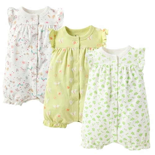 Image of Minicoco 3-pack 100% Cotton Baby Girl Rompers, 0-24 months Ruffle Sleeve Toddler Romper Summer Clothes Set
