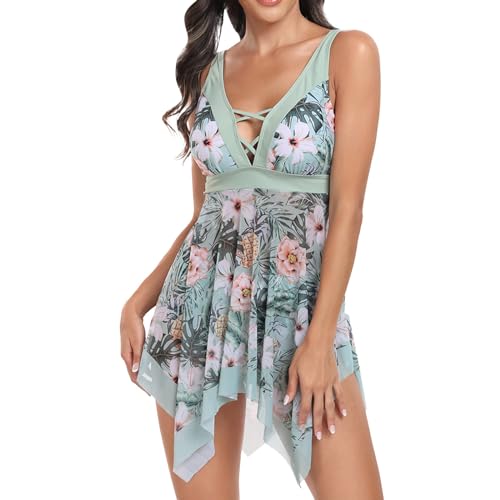 Traje de baño Enterizo Mujer con Estampado Floral Moderno para Playa Verano Elegante bañador Push up Control (Green, XXL)