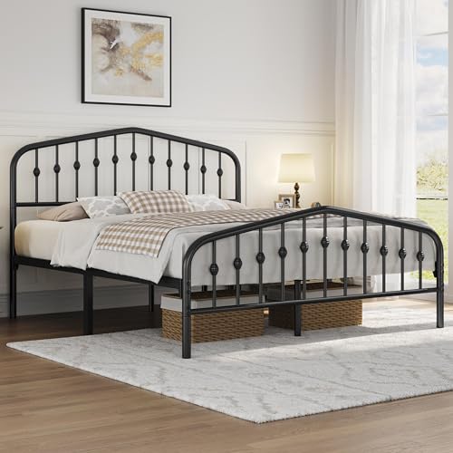 Yaheetech Marco de Cama de Metal Moderno con Cabecero y Piecero Arqueados Espacio de Almacenamiento Espacioso Debajo de la Cama Soporte Robusto Negro/160 x 200 cm