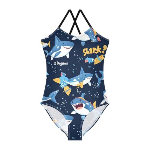 Cartoon Sharks Blue Girls One Piece Swimsuits Cute Sport Halter Swimwear Beach Bathing Suit 3T