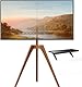PUTORSEN TV Ständer im Staffelei Design für TV 45-65 Zoll, TV Stativ Buchenholz mit Medienablage, 45 Grad schwenkbar, max. VESA 400 x 400 mm und Belastung bis 40KG