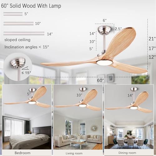 Image of QUTWOB 60 inch 3-Blade Wood Ceiling Fan with Light & Remote, Indoor Outdoor | solid raw wood blades, quiet dc inverter motor, 6-speed reversible remote, 3-color led light, for indoor outdoor patio garage