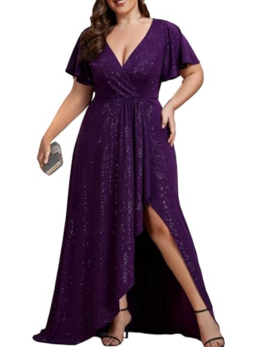 Ever-Pretty Women's Glitter Stretchy V Neck A-line High Low Plus Size Formal Dresses with Ruffles Sleeves Dark Purple US24