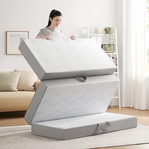 Puzdaz Foldable Mattress Queen 6 inch -Portable White Memory Foam Folding Matress with Washable Cover for Camping Travel Guest Room Home Use-Non-Slip&Easy Storage