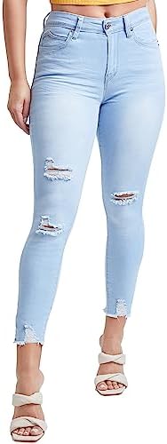 YMI Junior Womens Wannabettabutt Mid-Rise Recycled Fibers Distressed Ankle Denim Jeans (RIPS+Whiskers L1914, 5)