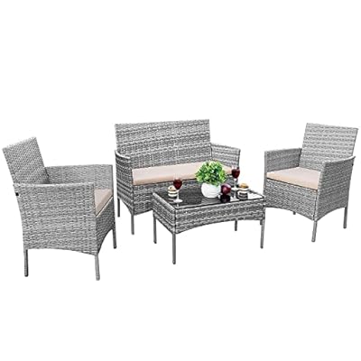 Devoko 4 Pieces Patio Porch Furniture Sets PE Rattan Wicker Chairs Beige Cushion with Table Outdoor Garden Patio Furniture Sets (Grey)