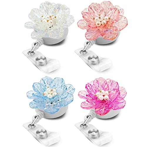 Qinsuee 4 Pack Flower Id Badge Holder, Lightweight Nurse Rn Badge Holder Retractable Clip, Badge Reel Retractable With 6 Pearls For Women, Alligator Clip #TOP19