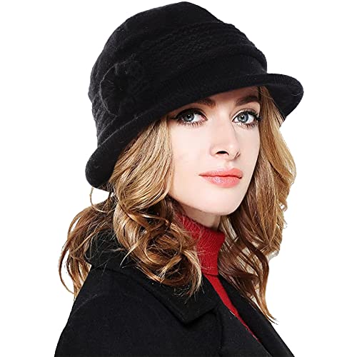 CheChury - CheChury Bérets Chapeaux Melon Femme Hiver Femme Fleur élégante Laine Chaud Rétro Casquette Simple Beret Bonnets Cloche Chapeau Chapeau de Dôme,Noir
