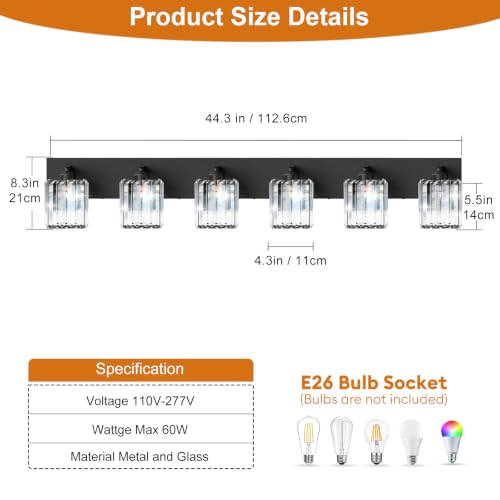 Image of Black Crystal Bathroom Vanity Light, 6-Light Modern Bathroom Lighting Fixtures Over Mirror, Matte Black Wall Sconce Light Fixtures with Square Shade