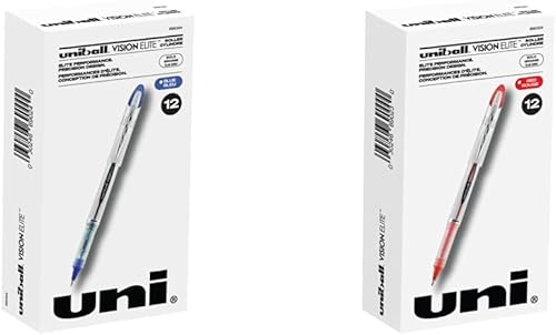 uniball Vision Elite - Bolígrafos de punta redonda de 0.031 in, azul, 12 unidades y bolígrafos uniball Vision Elite con punta gruesa de 0.031 in,