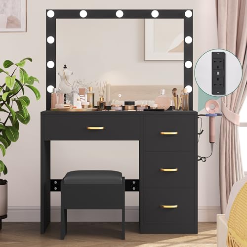 YITAHOME Dressing Table with LED Lights, Vanity Table with Adjustable Brightness Mirror, Makeup Desk with 4 Drawers and Power Outlet, Wooden Modern Bedroom Dresser, 90x40x136cm, Black