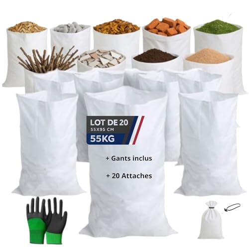 20 Sacs de Gravats 64L (95x55 cm) En polypropylène tissé blanc + 20 Attaches Caoutchouc + Gants Fournie – Résiste jusqu'a 55 kg – Réutilisables |...