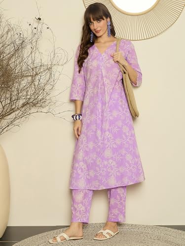 Image of INDO ERA Women Co Ord Set For Women Stylish | Pure Cotton Printed A-Line Kurta with Pant | Ethnic Wear for Women | Indian Casual Office Daily Summer Outfit, IESTR11879L | XS, S, M, L, XL, XXL | Purple