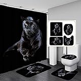 OLEBETY 4PCS Black Panther Shower Curtain Sets with Rugs, Waterproof Fabric Black Shower Curtain, Leopard African Wildlife Safari Animal Bathroom Decor, Non-Slip Bath Mat Bathroom Decor for Men Boys