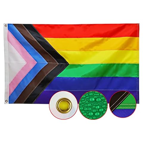 Double Sided Progress Pride Rainbow Flag 3x5 Ft Made in USA Indoor/Outdoor LGBT Lesbian Bisexual Transgender Flags Made from Heavy Duty Nylon, Longest Lasting Flags for All Weather, High Wind Cover