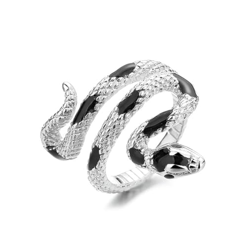 HAIXIAN Snake Ring Gothic Punk Style Silver plated Open Wrap Design Womens Cocktail Party Jewelry Fashion (Ring_A_blacks Adjustable)