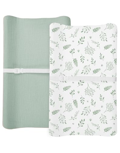 Image of Changing Pad Cover for Baby Boy Girl 2 Pack, Muslin Changing Table Pad Covers with Boho Style, Neutral Nursery Bedding Essentials Soft and Breathable (Fern Leaf & Sage)