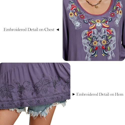 Women's Embroidered Tops 3/4 Sleeve Mexican Blouses Shirts Round Neck Dressy Tunics Peasant Tops Loose Fit3