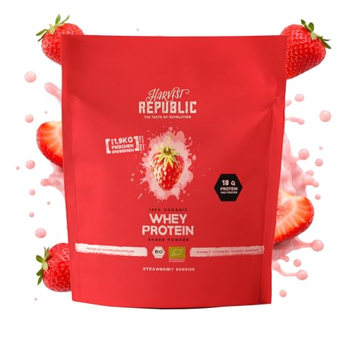 HARVEST REPUBLIC Bio Whey Protein Pulver Erdbeere mit 100% echtem Fruchtpulver | 750g Bio Proteinpulver verfeinert mit gefriergetrockneten Früchten | bis zu 18g Protein pro Portion