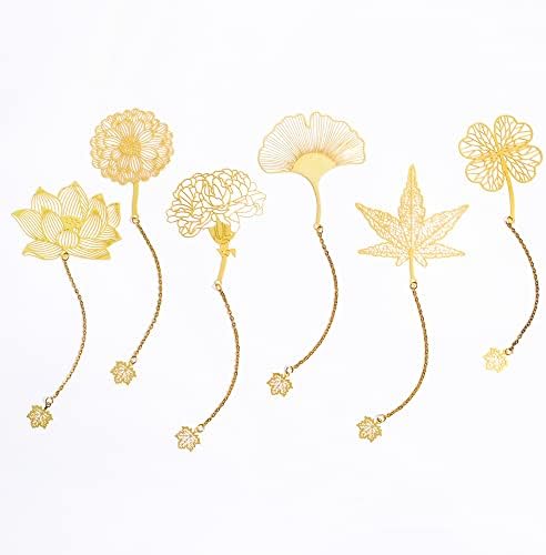 Arycki 6 Pack Metal Bookmarks with Chain,Unique Leaf Plant Gifts Bookmark,Golden Hollow Bookmark for Book Lovers,Women,Men,Writers, Readers, Children, Teens, Adults