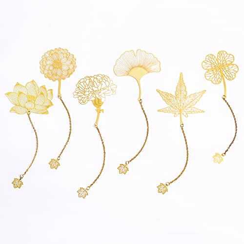 Arycki 6 Pack Metal Bookmarks With Chain,Unique Leaf Plant Gifts Bookmark,Golden Hollow Bookmark For Book Lovers,Women,Men,Writers, Readers, Children, Teens, Adults #TOP14