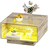 HOME BI Unique LED Coffee Table for Living Room, Center Table with 2 Storage Glass Drawers for Game Night, 16 Colors LED Lights Wood Coffee Tables, Light Ivory
