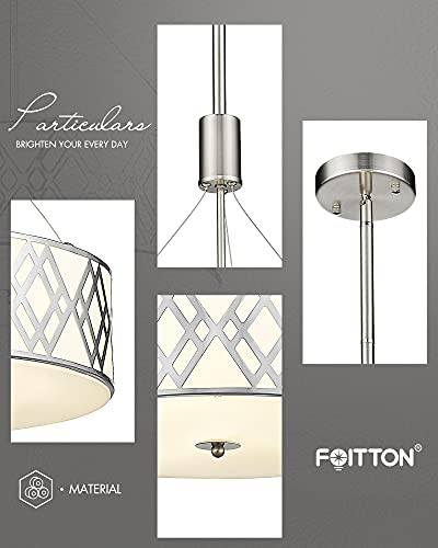 Foitton 18" 3-Light Drum Chandelier, Modern Pendant Ceiling Light, Adjustable Height, Brushed Nickel Finish, Acrylic & Glass Shade For Dining Room Kitchen Island #TOP3