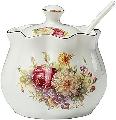 Ceramics Vintage Red Floral Sugar Bowl Saltbox Spice Jar Seasoning Box with Lid and Spoon 8oz White