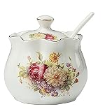 Ceramics Vintage Red Floral Sugar Bowl Saltbox Spice Jar Seasoning Box with Lid and Spoon 8oz White