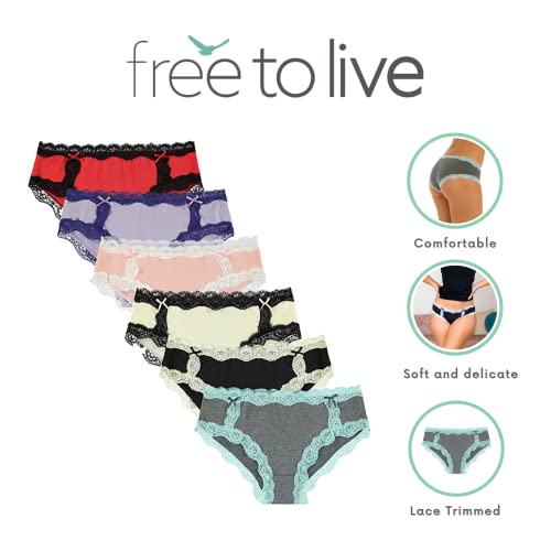 Free To Live 6 Pack Women's Colorful Lace Underwear, Trim Hipster Cotton- Spandex Panties (Medium, Black, Baby Pink, Charcoal, Ivory, Lavender, Red) #TOP1