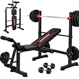 MAIDOMA Standard Weight Bench Set with Leg Extension and Leg Curl, Adjustable Bench Press with Squat Rack, Foldable Flat Incline Decline Workout Bench for Home Gym Full Body (US Stock)
