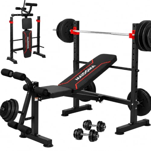 MAIDOMA Standard Weight Bench Set with Leg Extension and Leg Curl, Adjustable Bench Press with Squat Rack, Foldable Flat Incline Decline Workout Bench for Home Gym Full Body (US Stock)