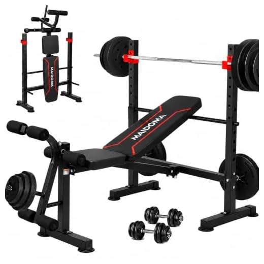 MAIDOMA Standard Weight Bench Set with Leg Extension and Leg Curl, Adjustable Bench Press with Squat Rack, Foldable Flat Incline Decline Workout Bench for Home Gym Full Body (US Stock)