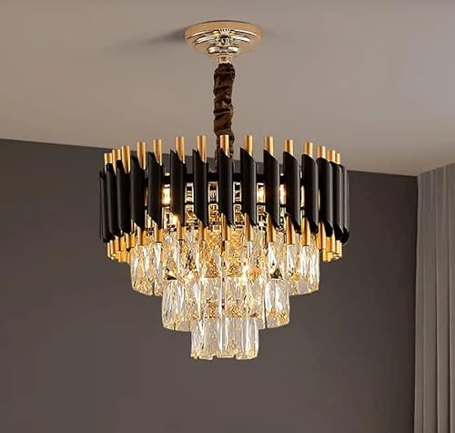 Image of Modern 3-Tiers Crystal Pendant Light Black Gold Round Ceiling Light Fixture (Antique, 400mm), 3 Colors Led Plate Included Warm White, Natural Light, Chandelier Light (L-40*B-40*H-70 Cm) A