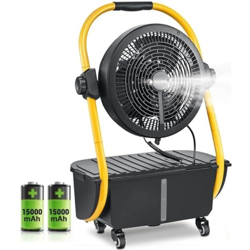 Geek Aire Battery Operated Misting Fan, Rechargeable Outdoor Floor Fan with 2.9 Gal Water Tank, Powered Waterproof Durable 15000mAh Battery Run for Patio, Camping Gear Accessories - 12 Inch