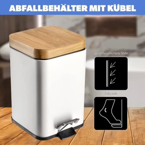 KADAX Bathroom Waste Bin, Bathroom Bin with Bucket and Foot Pedal, Soft Close Bin with Bamboo Lid, Powder Coated Steel Pedal Bin, Small Bin, Trash Bin (White)