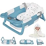 MoreFeel Collapsible Baby Bathtub for Newborn with Thermometer & 1 Hooded Towel & 1 Soft Floating Cushion,Portable Travel Bathtub with Drain Hole, Durable Foldable Baby Tubs for Infants to Toddler