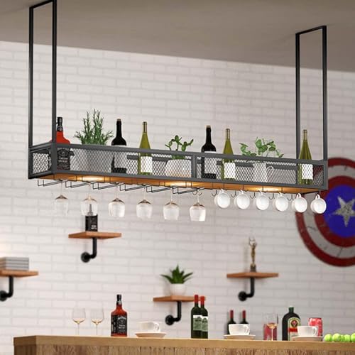 Casier à vin suspendu avec perche 80cm étagère plafond métal dorée - 4