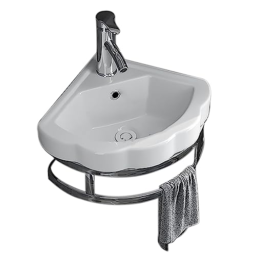 BAYTE Lavabo en Céramique Blanc Lavabo Salle de Bain Lave Main Céramique Blanche Lavabo avec Porte-Serviettes Lave Main Gain de Place Mini Lavabo en...