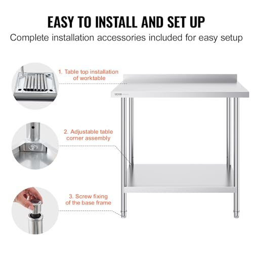 Image of VEVOR 24 x 36 x 36 Inch Stainless Steel Work Table, Commercial Food Prep Worktable Heavy Duty Prep Worktable, Metal Work Table with Adjustable Height for Restaurant, Home and Hotel