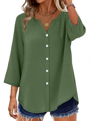 Image of OFEEFAN Button Down Shirts for Women 3 /4 Length Sleeve Tops V Neck Blouses Business Casual Outfits Loose Fit