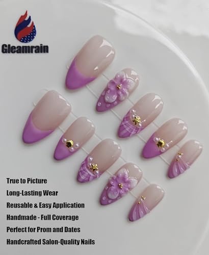Gleamrain Purple French Tip Press on Nails Handmade Almond Medium Handcraft Press on Artificial Nails for Women, Floral Design Reusable for Daily Wear Party Birthday D301 — view 3