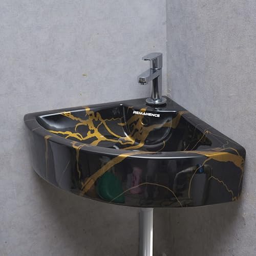 Image of REMANENCE Ceramic Wall Hung Corner Wash Basin for Bathroom | Wall Mounted Corner Sink (20.4 x 15 x 6 Inch) (Black Gold Jelly)